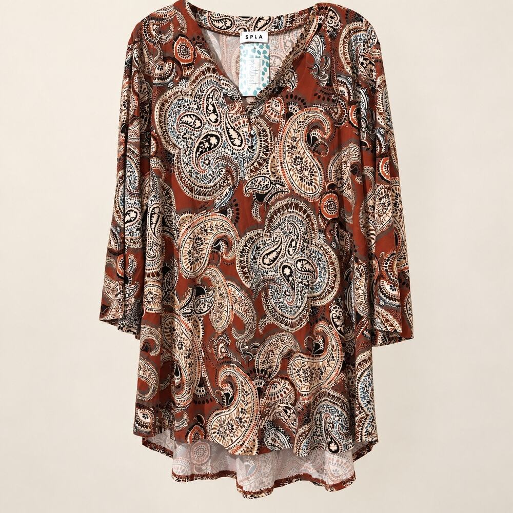 SPIA Womens 1XL Rust Paisley Boho Shift Dress V Neck Bell Sleeve NWOT